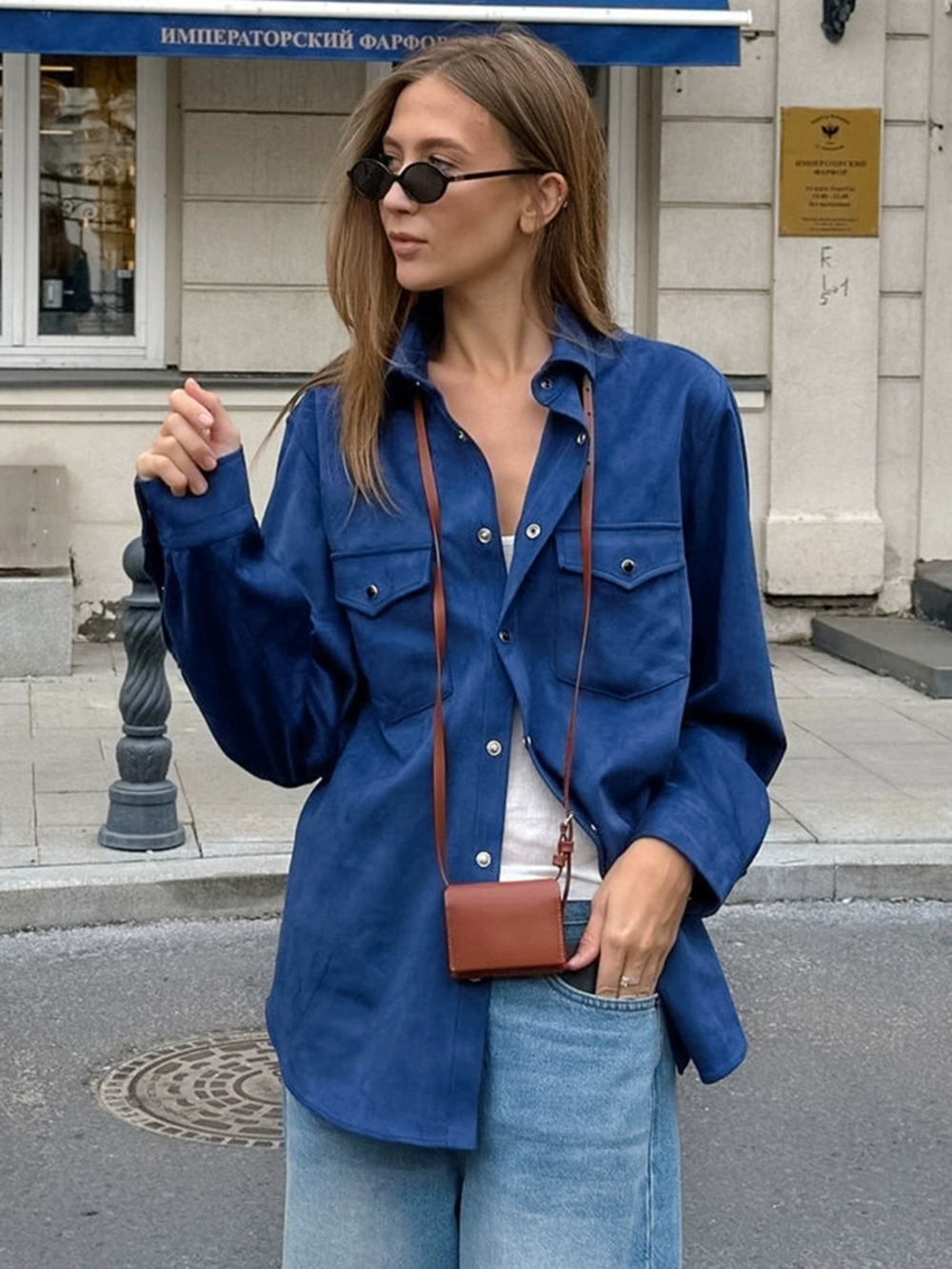 Forever 21 Retro Klein Blue Lapel Jacket Spring Casual Loose Mid Length Coat